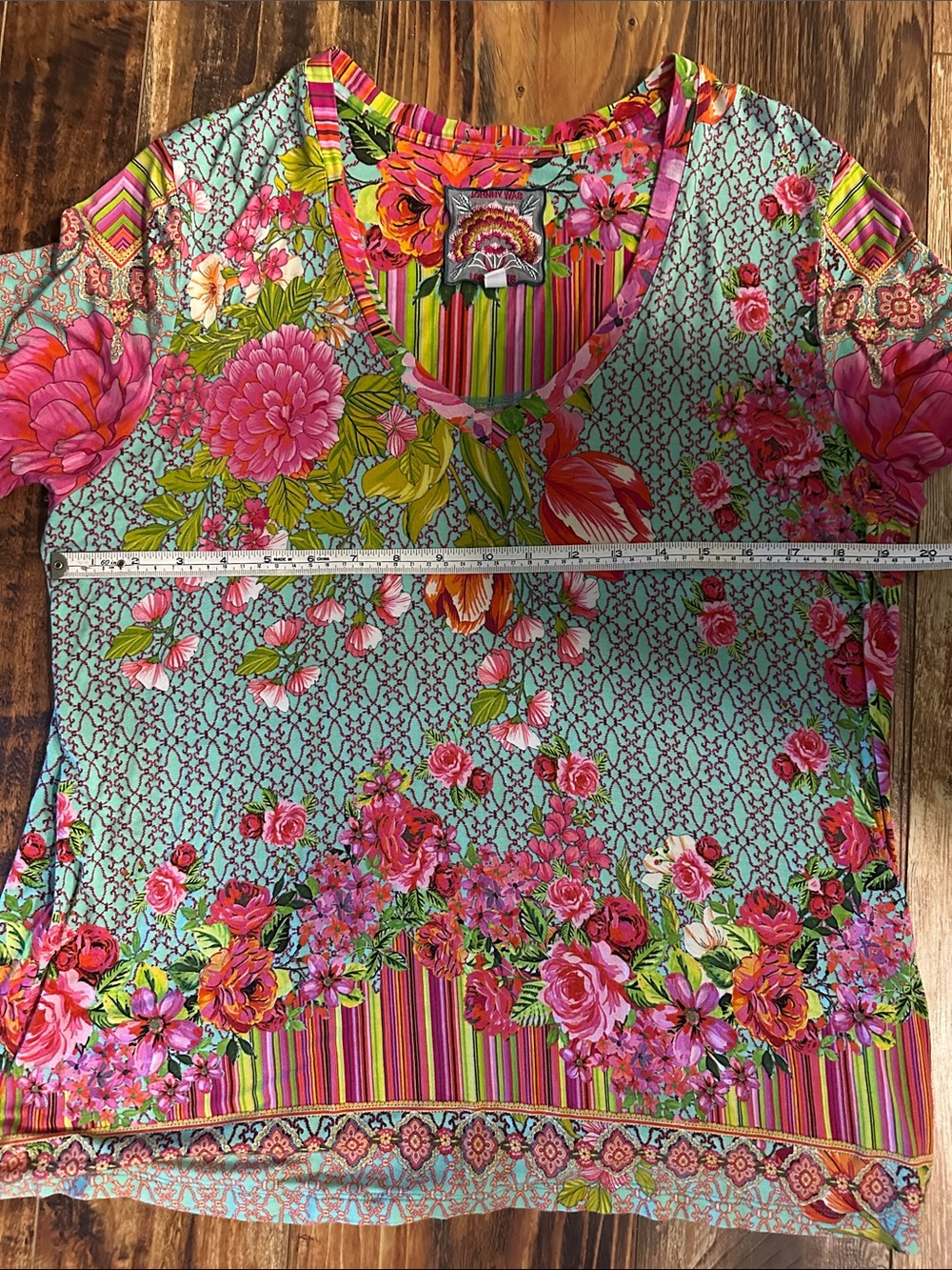 Johnny Was Floral V-Neck Short Sleeve Tee in Mint, Pink, Green - Picture 3 of 6